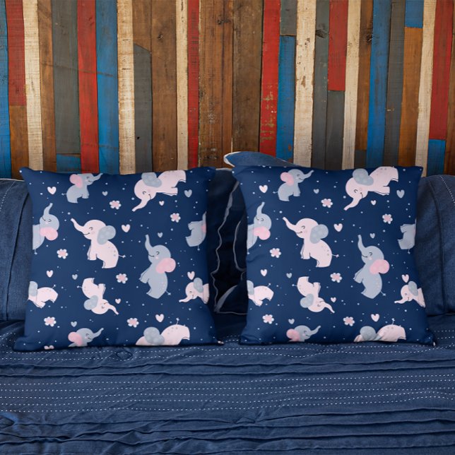 Coussin Belle bande dessinée éléphants motif sur bleu mari (Créateur téléchargé)