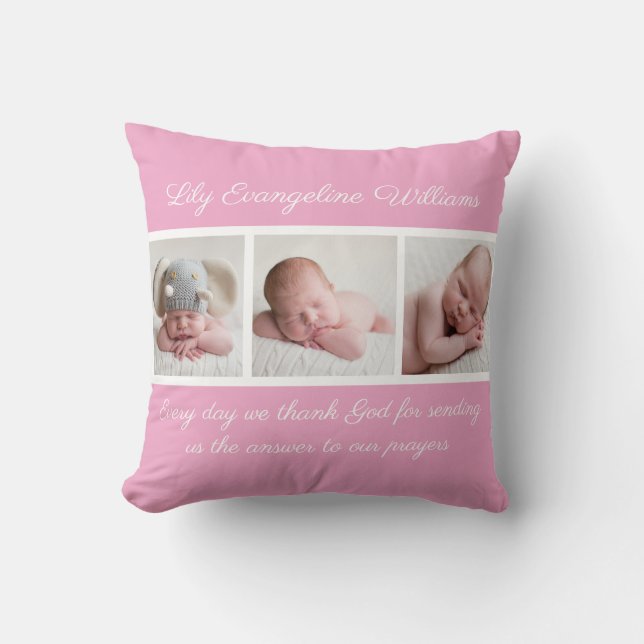 Coussin Belle Bébée Fille Rose Photo Citation religieuse (Recto)