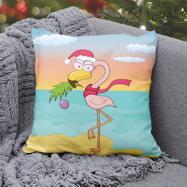 Coussin Belle caricature Flamingo de Noël sur la plage (Créateur téléchargé)