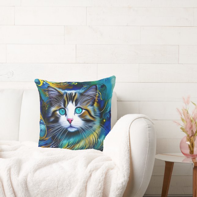 Coussin Belle Chat Mystique en Blues et Golds (Canapé)