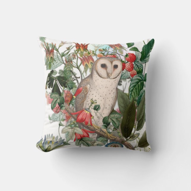 Coussin Belle Chouette effraie et fleurs vintage (Recto)