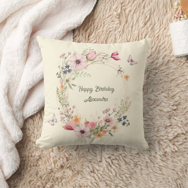 Coussin Belle couronne florale et papillons Anniversaire (Couverture)