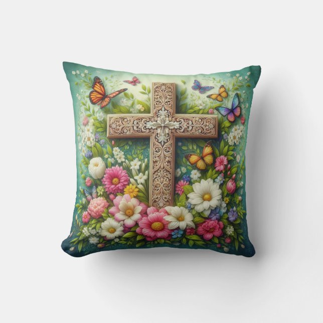 Coussin Belle croix florale de Pâques avec papillons (Recto)