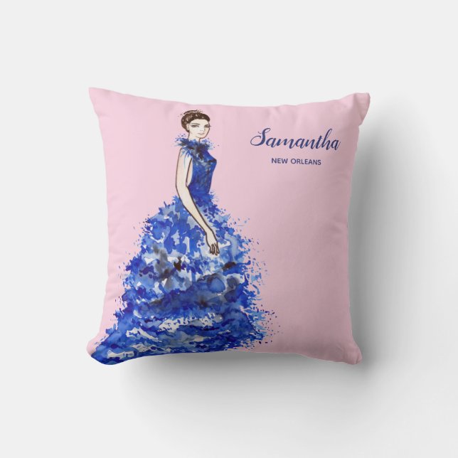 Coussin Belle Dame avec une Robe Bleue Brillante de Mode (Recto)