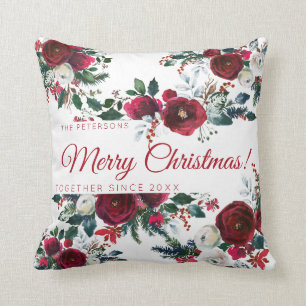 Coussin Belle famille de pivoines d'aquarelle rouge bordea