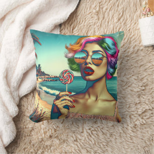 Coussin Belle femme Art Pop Rétro avec Lollipop