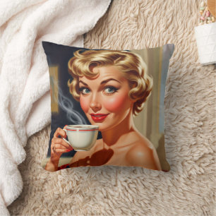 Coussin Belle femme rétro avec une tasse de café