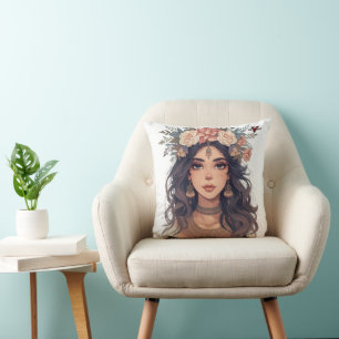 Coussin Belle Fille Anime Florale – Esthétique Pastel Douc
