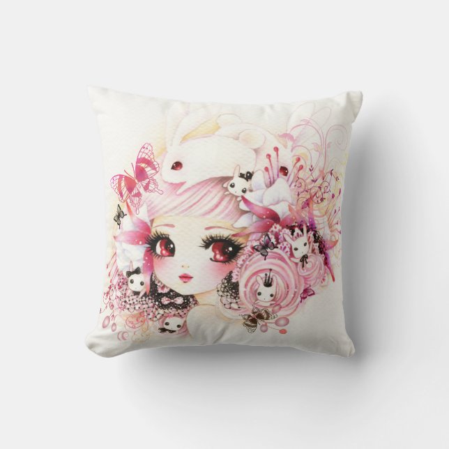 Coussin Belle fille d'anime avec les lapins et les fleurs (Recto)