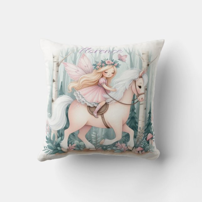 Coussin Belle fille fée chevauchant dans une forêt enchant (Verso)