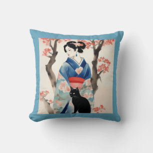 Coussin Belle fille japonaise avec un chat noir
