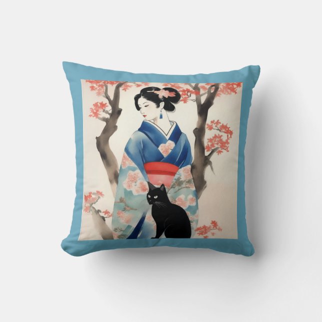 Coussin Belle fille japonaise avec un chat noir (Recto)