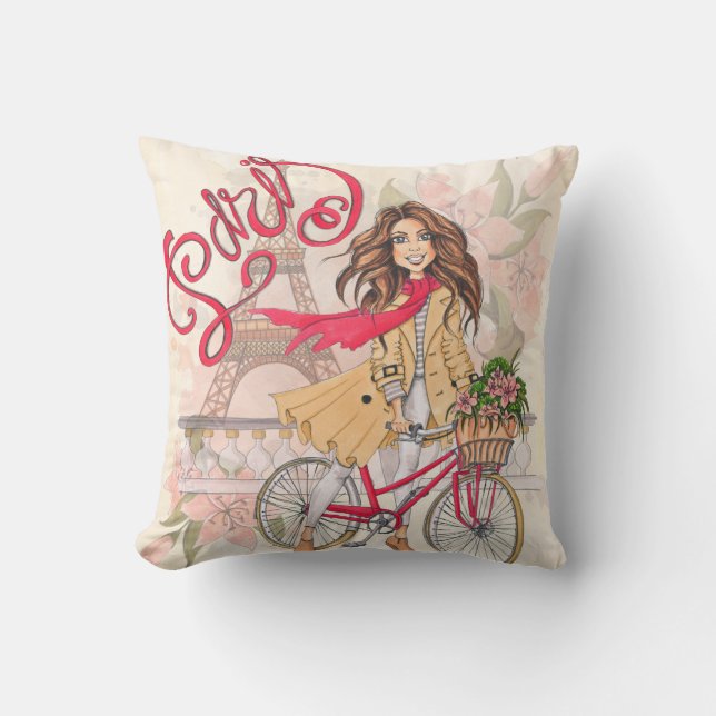 Coussin Belle fille sur une bicyclette à Paris (Recto)
