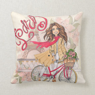 Coussin Belle fille sur une bicyclette à Paris