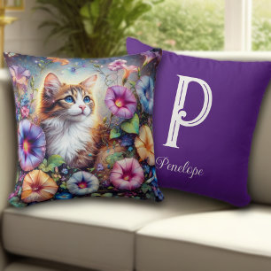 Coussin Belle Fleur de Chat Jardin Personnalisé Monogramme