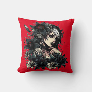 Coussin Belle Goth Girl Black Lilly Flowers art