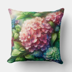 Coussin Belle Hortensia Rose et Vert