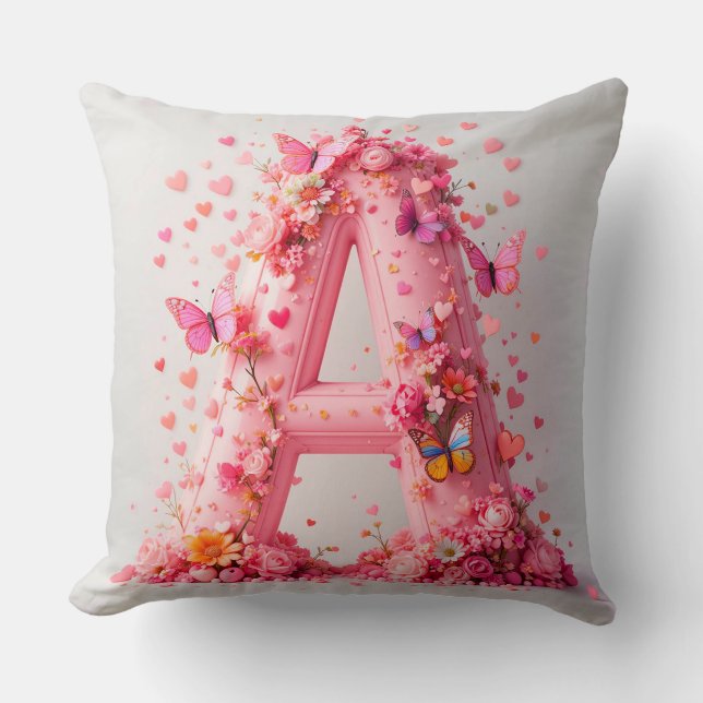 Coussin Belle lettre A rose décorée de fleurs (Recto)