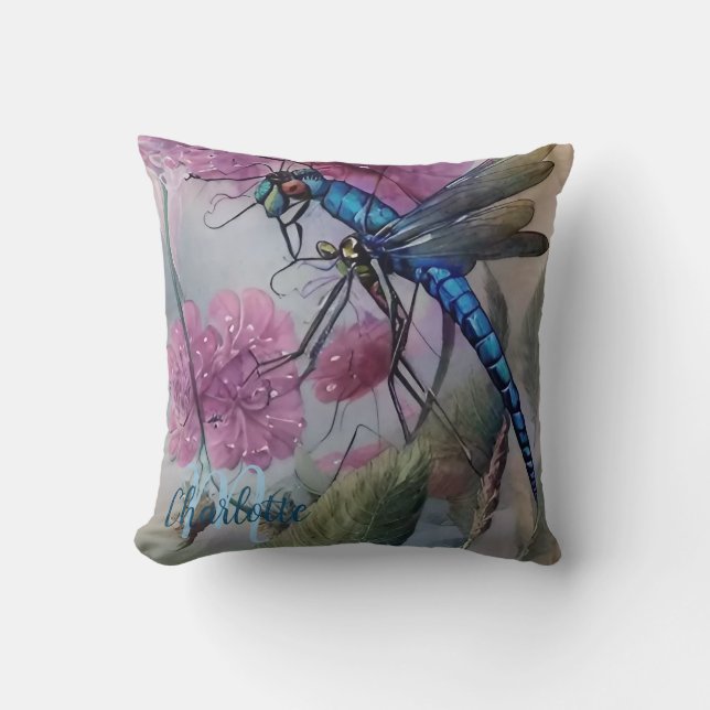 Coussin Belle libellule d'aquarelle bleue, Personnaliser (Recto)