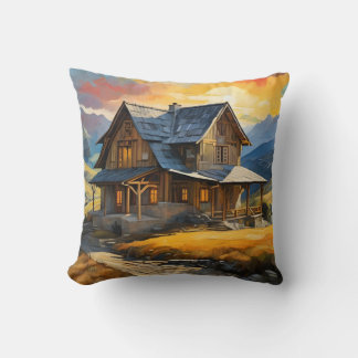 Coussin Belle Maison en bois Montagnes coucher de soleil