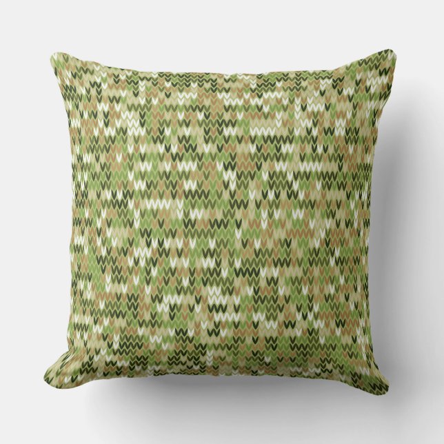 Coussin Belle motif en tricot de mamie vert olive (Recto)