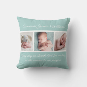 Coussin Belle photo bébé Collage Turquoise Citation religi