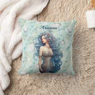 Coussin Belle Sirène aux Cheveux Bleus 