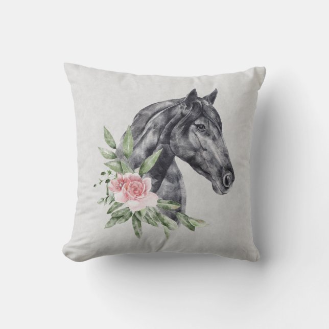 Coussin Belle tête de cheval noir Portrait d'aquarelle (Recto)