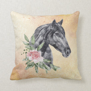 Coussin Belle tête de cheval noir Portrait d'aquarelle