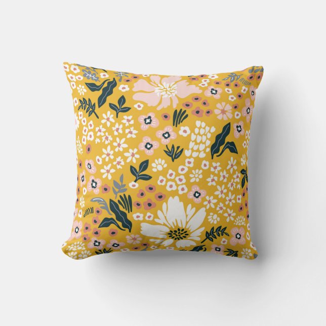 Coussin Belles fleurs de jardin sur arrière - plan jaune.  (Recto)