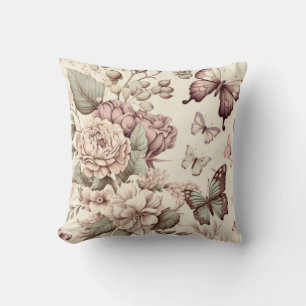 Coussin Belles fleurs et papillons couleurs pastel