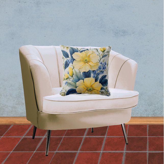 Coussin Belles Fleurs Jaunes et Bleues (Créateur téléchargé)