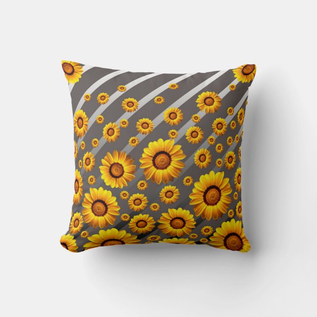 Coussin Belles fleurs jaunes sur gris, rayures argentées (Recto)