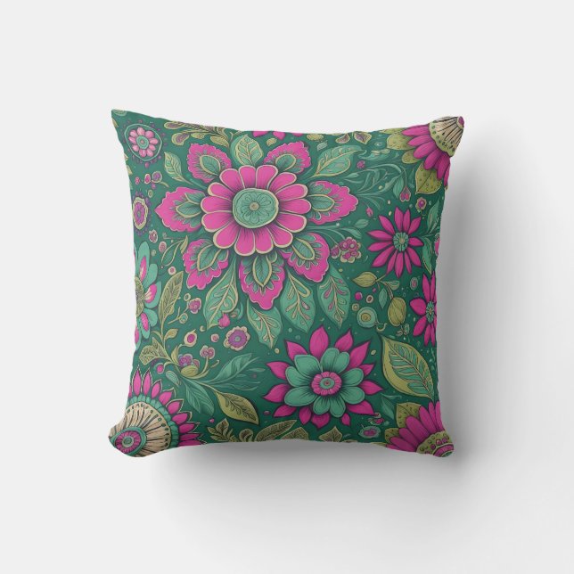 Coussin Belles fleurs Mandala Fleurs vert rose (Recto)