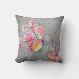 Coussin Belles fleurs multicolores et oiseaux sur concr