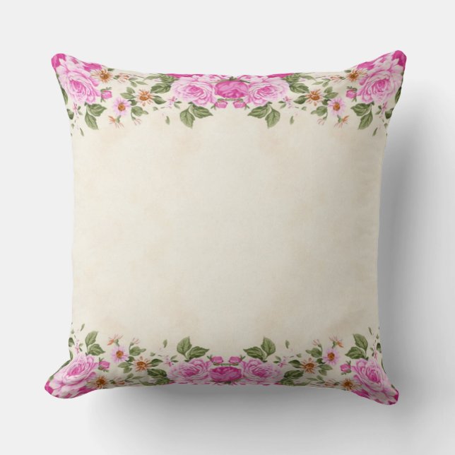 Coussin Belles fleurs roses sur fond beige champagne clair (Recto)