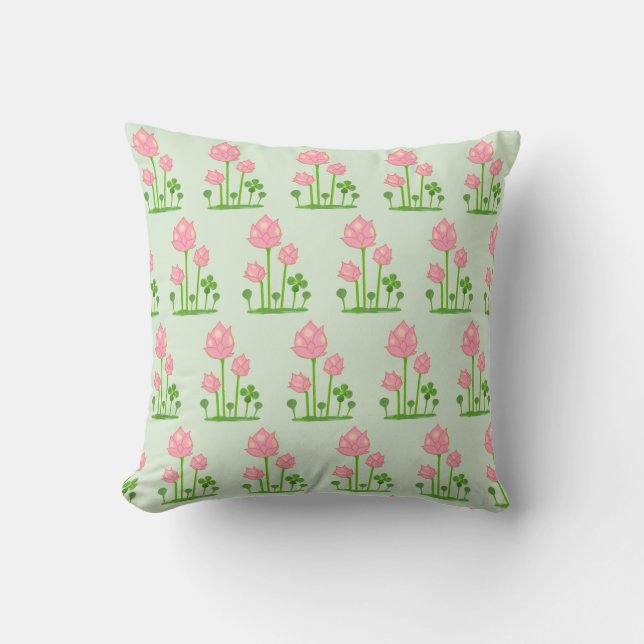 Coussin Belles fleurs roses sur vert clair (Recto)