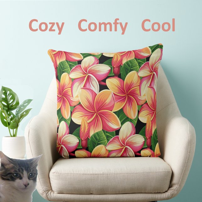 Coussin Belles fleurs roses tropicales sur fond noir (Créateur téléchargé)