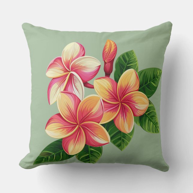 Coussin Belles fleurs roses tropicales sur fond vert clair (Recto)