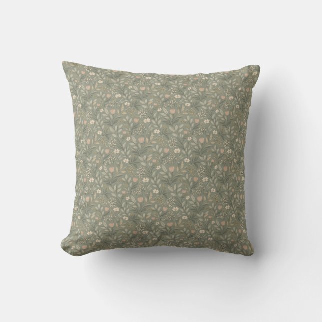 Coussin Belles Fleurs sur Vert Sauge, Tons Terreux Atténué (Recto)