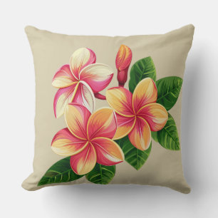 Coussin Belles fleurs tropicales roses sur fond beige