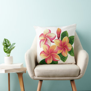 Coussin Belles fleurs tropicales roses sur fond blanc