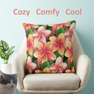 Coussin Belles fleurs tropicales roses sur fond noir