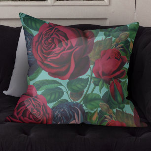 Coussin Belles Roses Bleues Et Rouges Vintages Sur Turquoi