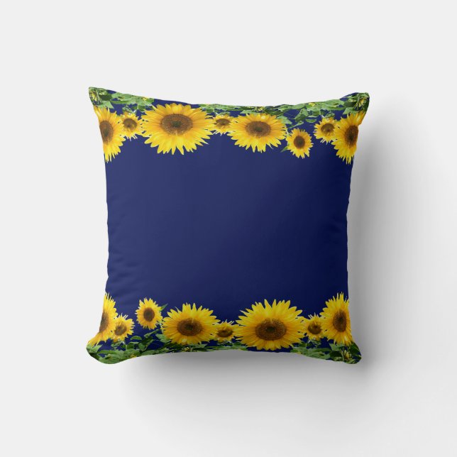 Coussin Belles Tournesols Jaunes sur Bleu Marine (Recto)