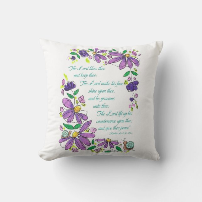 Coussin Bénédictions Écriture Nombres 6:24-26 Floral Viole (Recto)