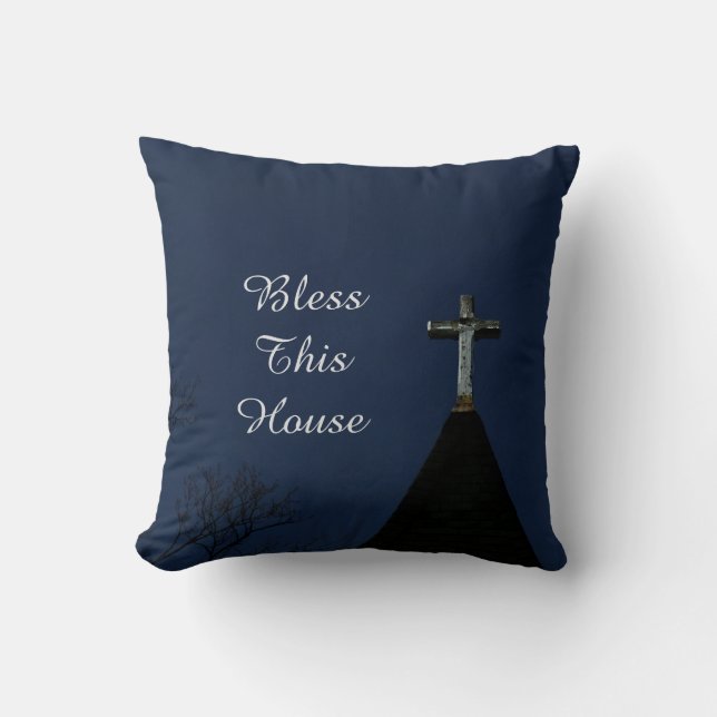 Coussin Bénis cette maison brillant Croix Bleu Carré (Recto)