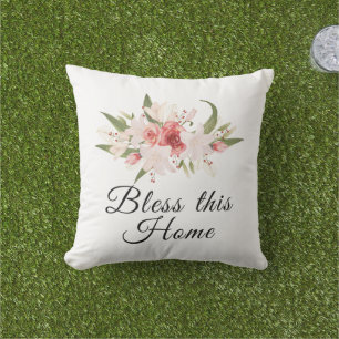Coussin Bénissez cette maison Décoration florale aquarelle