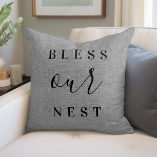 Coussin Bénissez Notre Nid   Agritourisme rustique gris