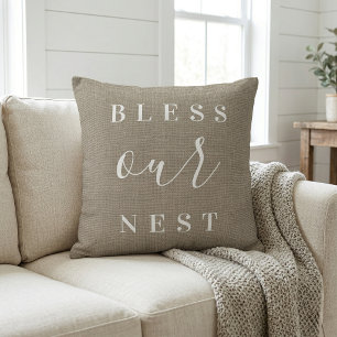 Coussin Bénissez Notre Nid   Fermette Rustique Beige